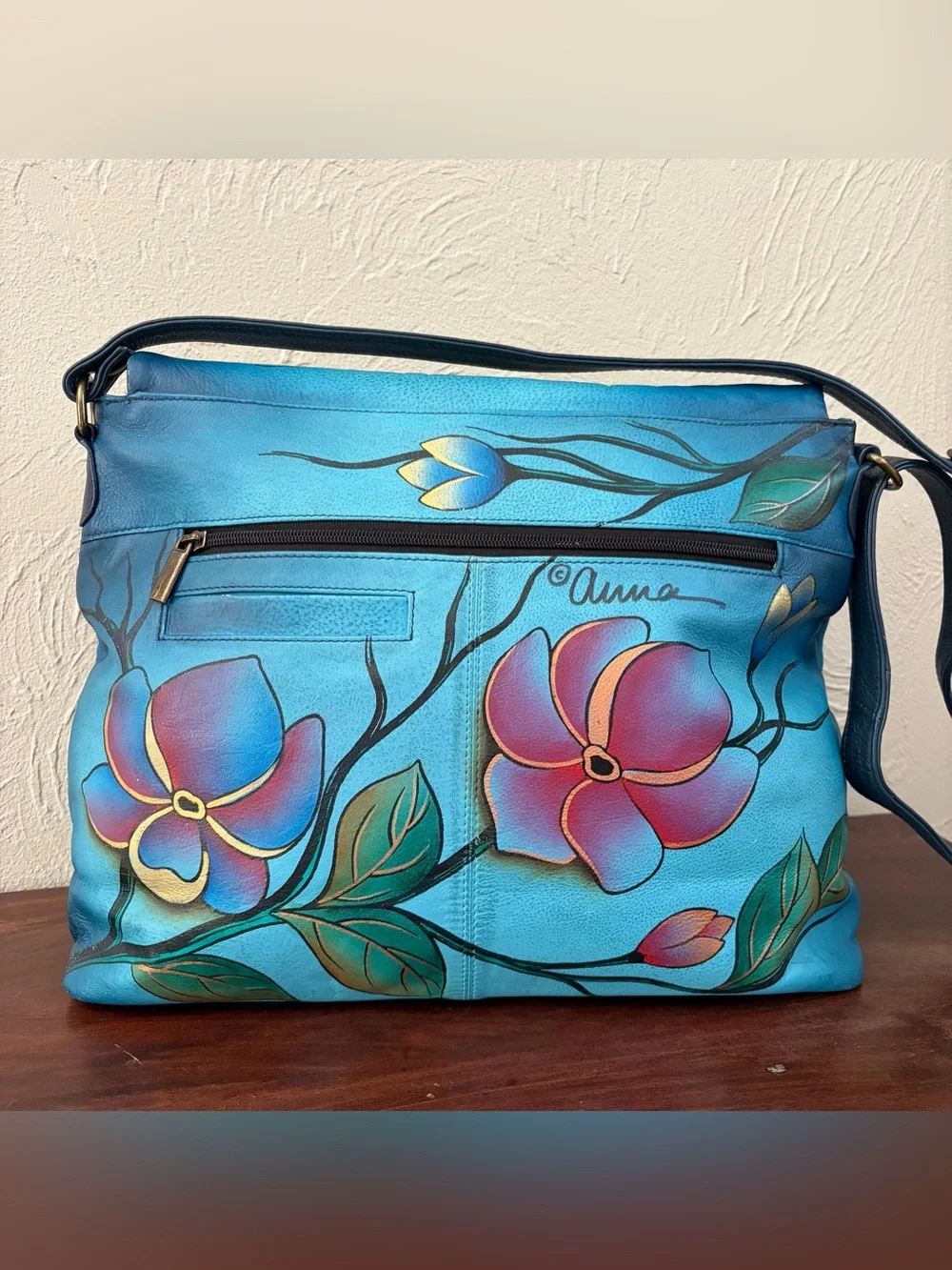 Anna by Anuschka Hand-painted Leather Blue Bird Crossbody Shoulder Bag Large - Picture 2 of 9